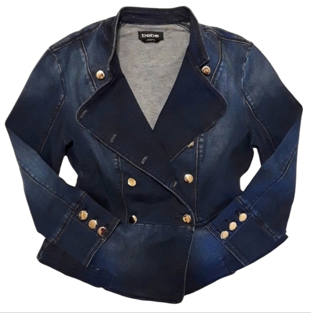 Bebe Stylish Longsleeve Button-Front Blue Denim Blazer. Women's Size: S/P.
